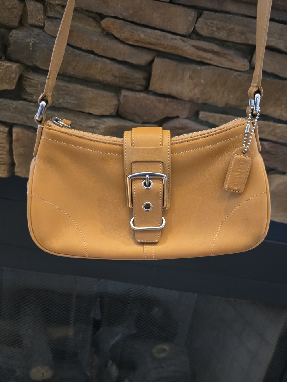 Coach Tan Leather Shoulder Bag with Buckle Accent